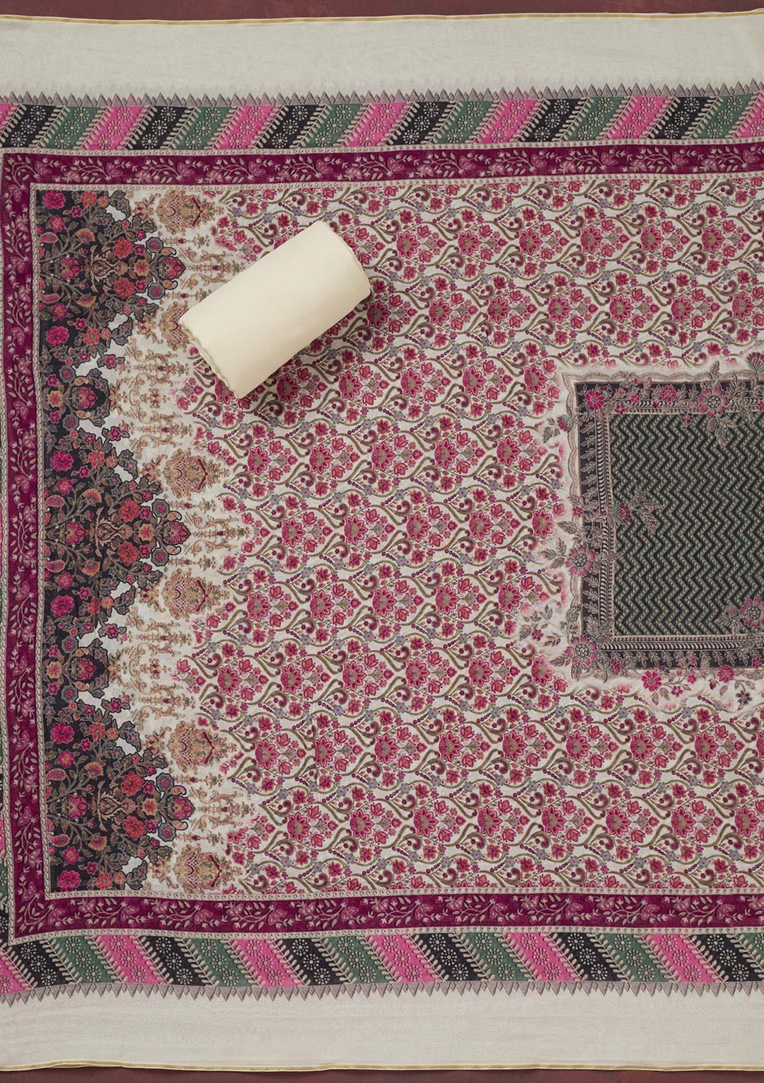 Cream Zariwork Semi Crepe Unstitched Salwar Suit_koskii