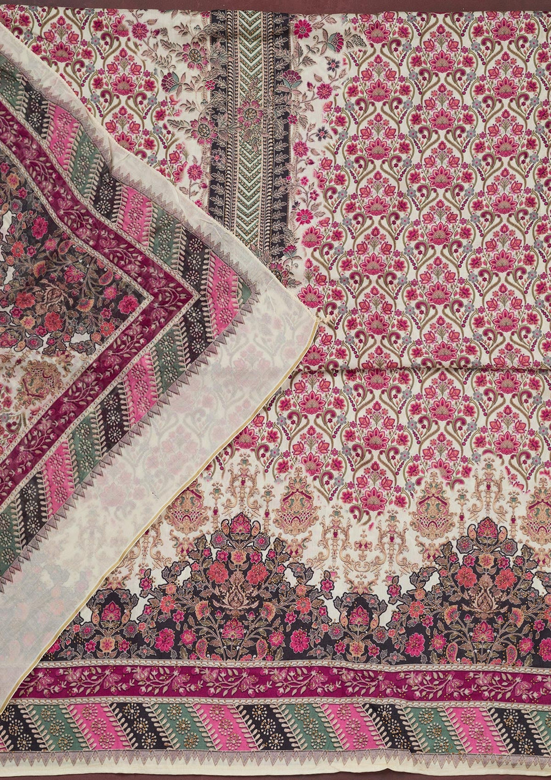 Cream Zariwork Semi Crepe Unstitched Salwar Suit_koskii