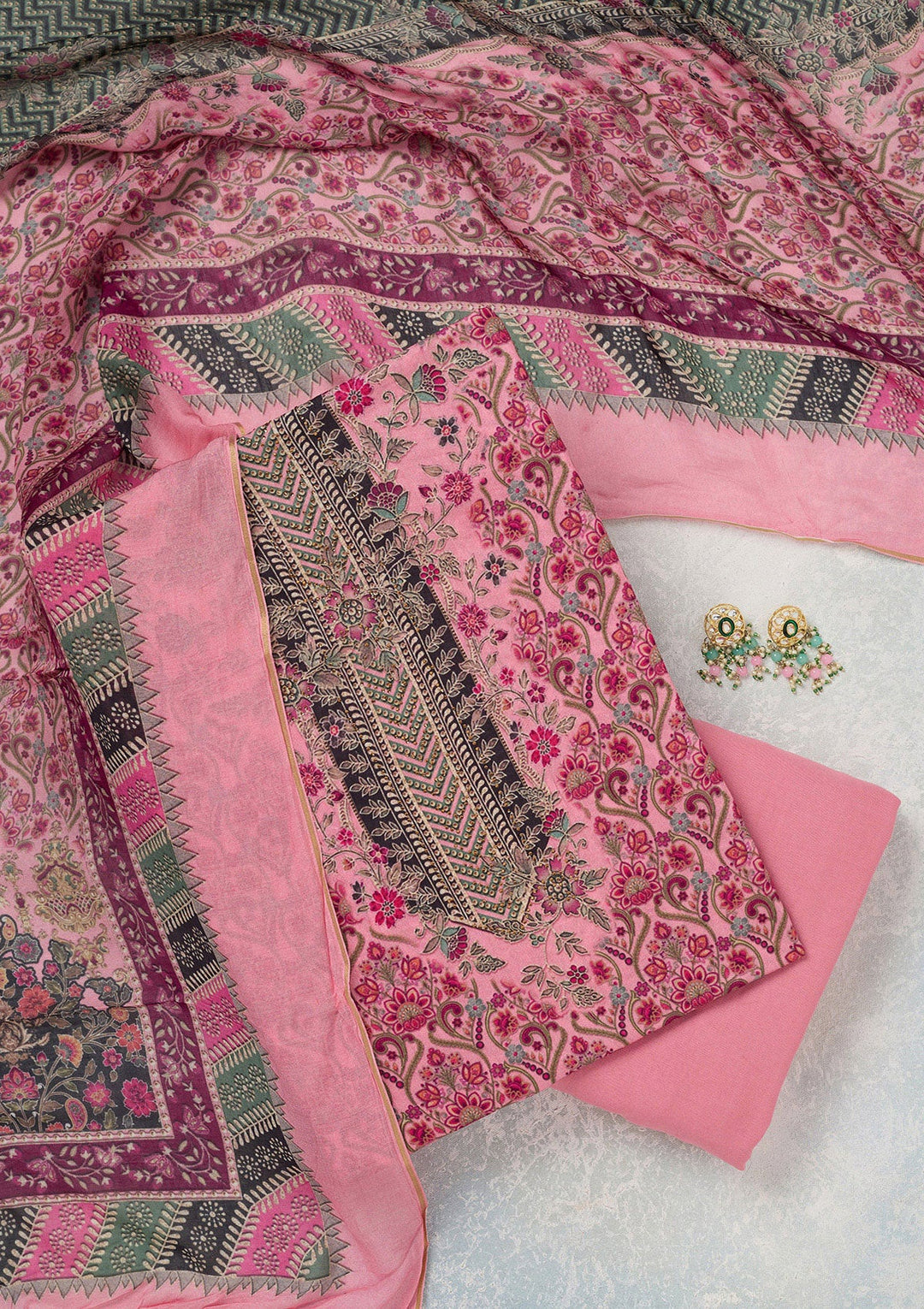 Pink Zariwork Semi Crepe Unstitched Salwar Suit_koskii