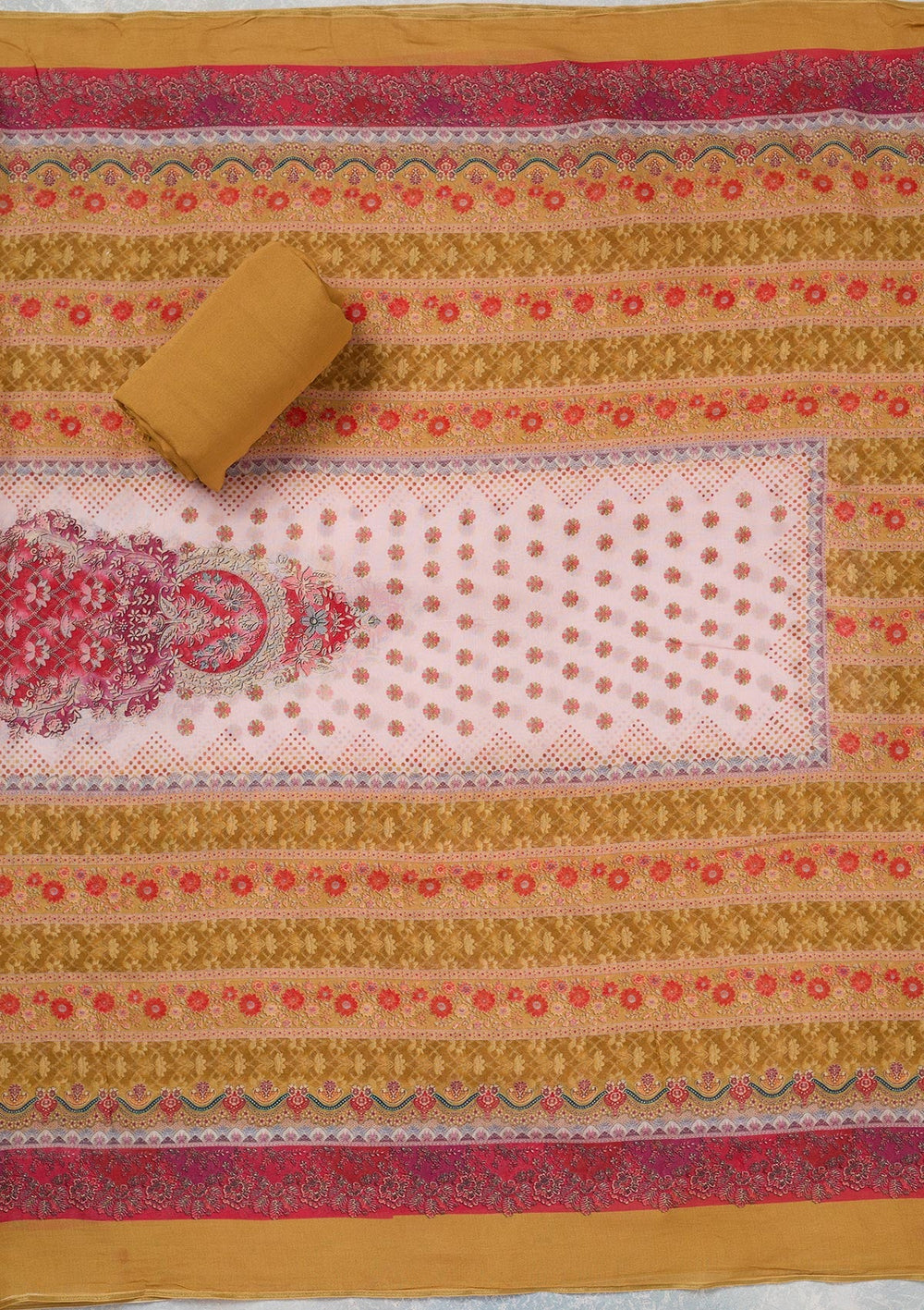 Baby Pink Zariwork Semi Crepe Unstitched Salwar Suit_koskii