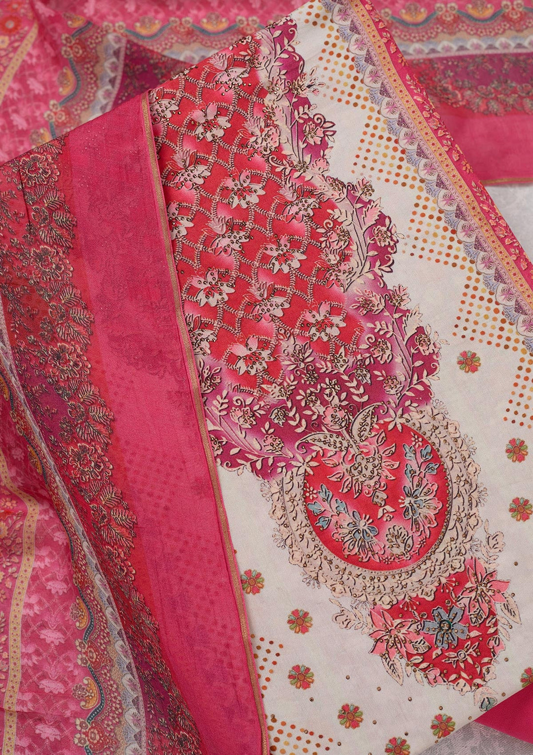 Cream Zariwork Semi Crepe Unstitched Salwar Suit_koskii