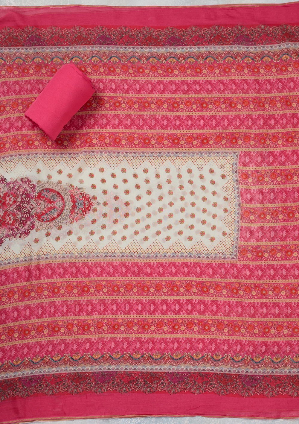 Cream Zariwork Semi Crepe Unstitched Salwar Suit_koskii