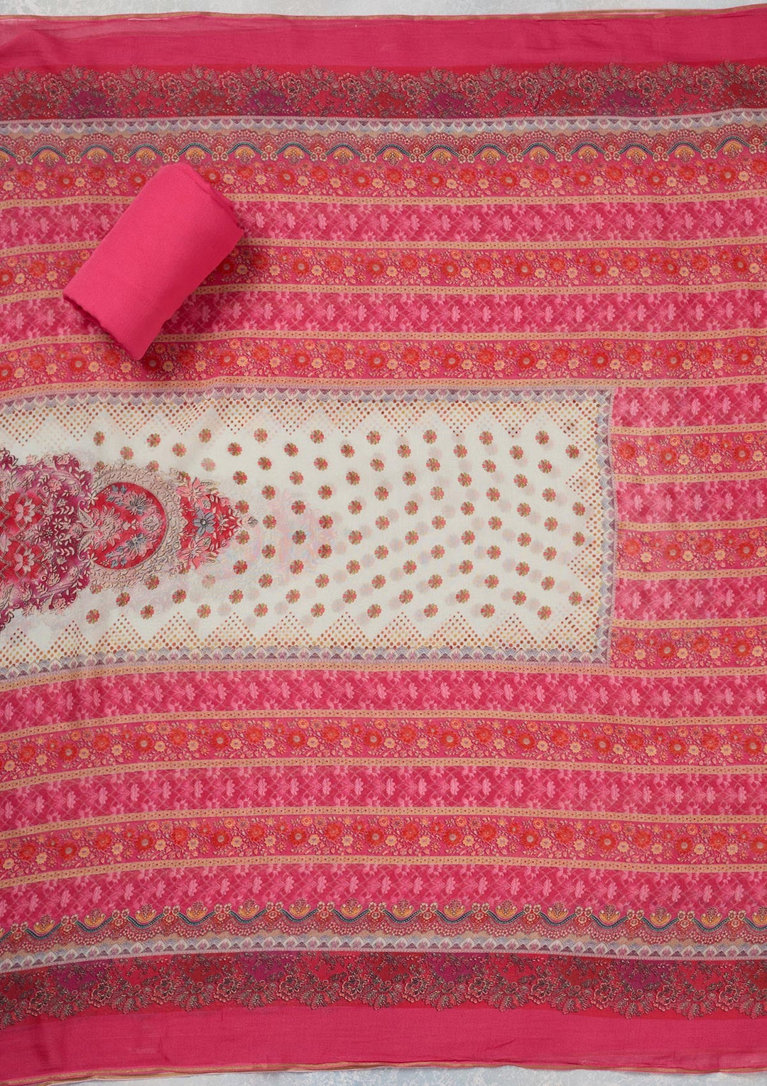 Cream Zariwork Semi Crepe Unstitched Salwar Suit_koskii