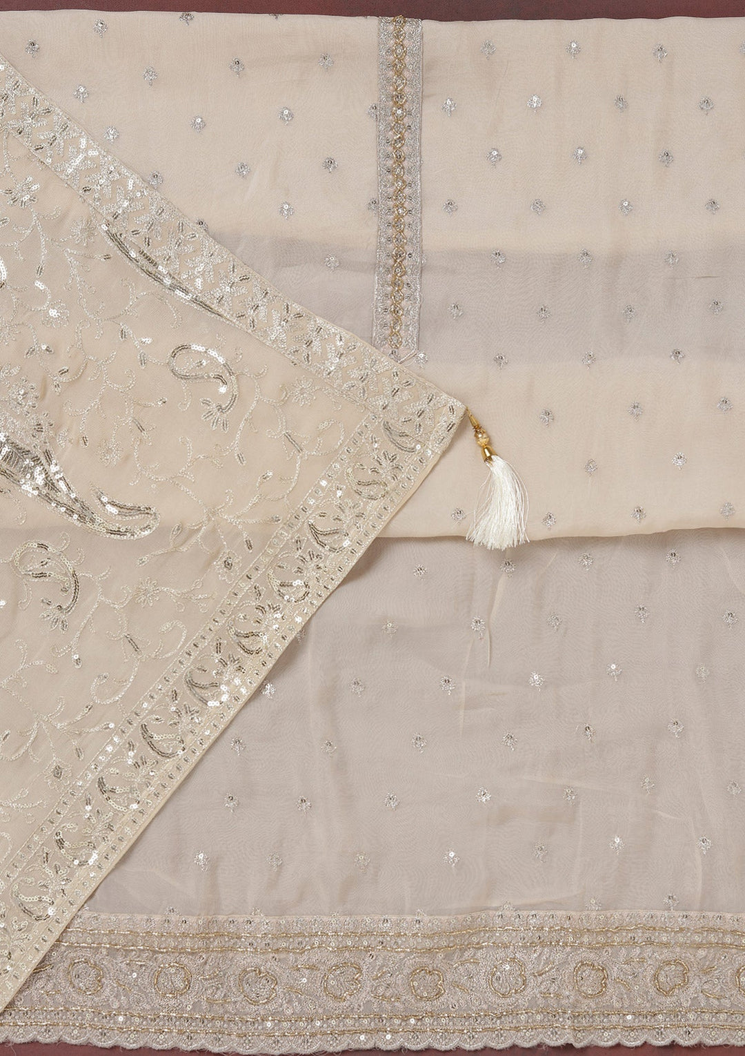 Beige Sequins Organza Unstitched Salwar Suit_koskii