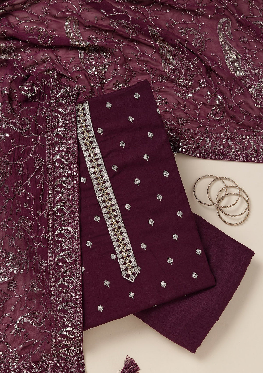 Purple Sequins Organza Unstitched Salwar Suit_koskii