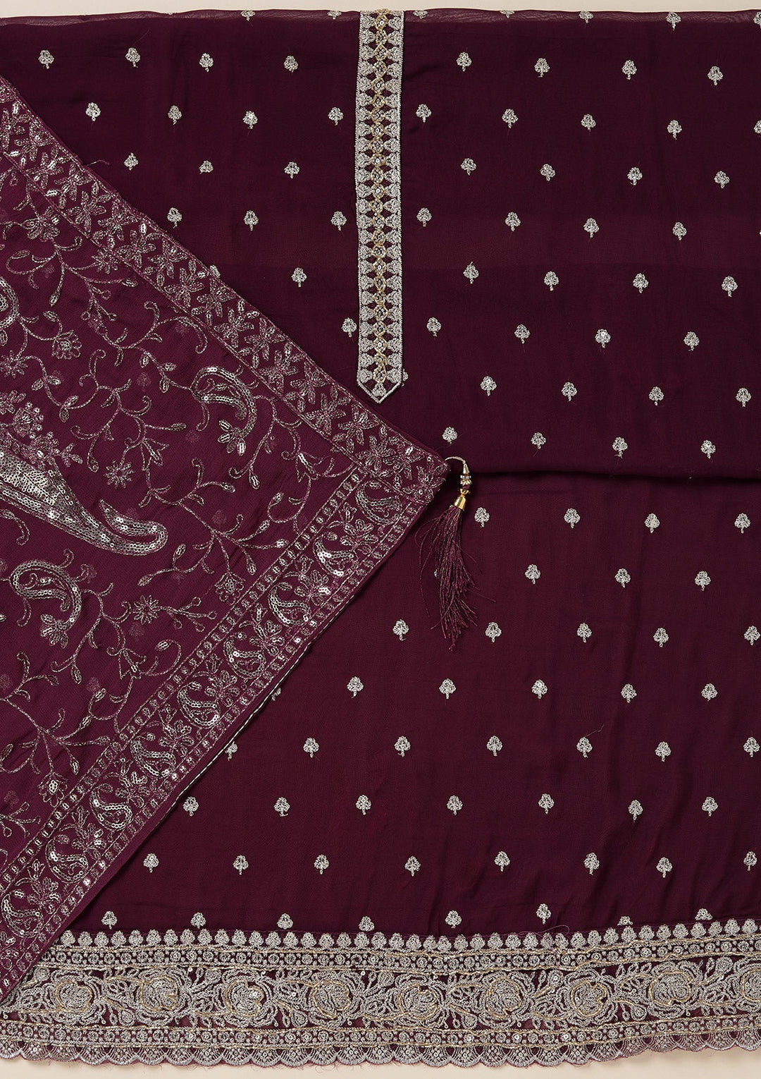 Purple Sequins Organza Unstitched Salwar Suit_koskii