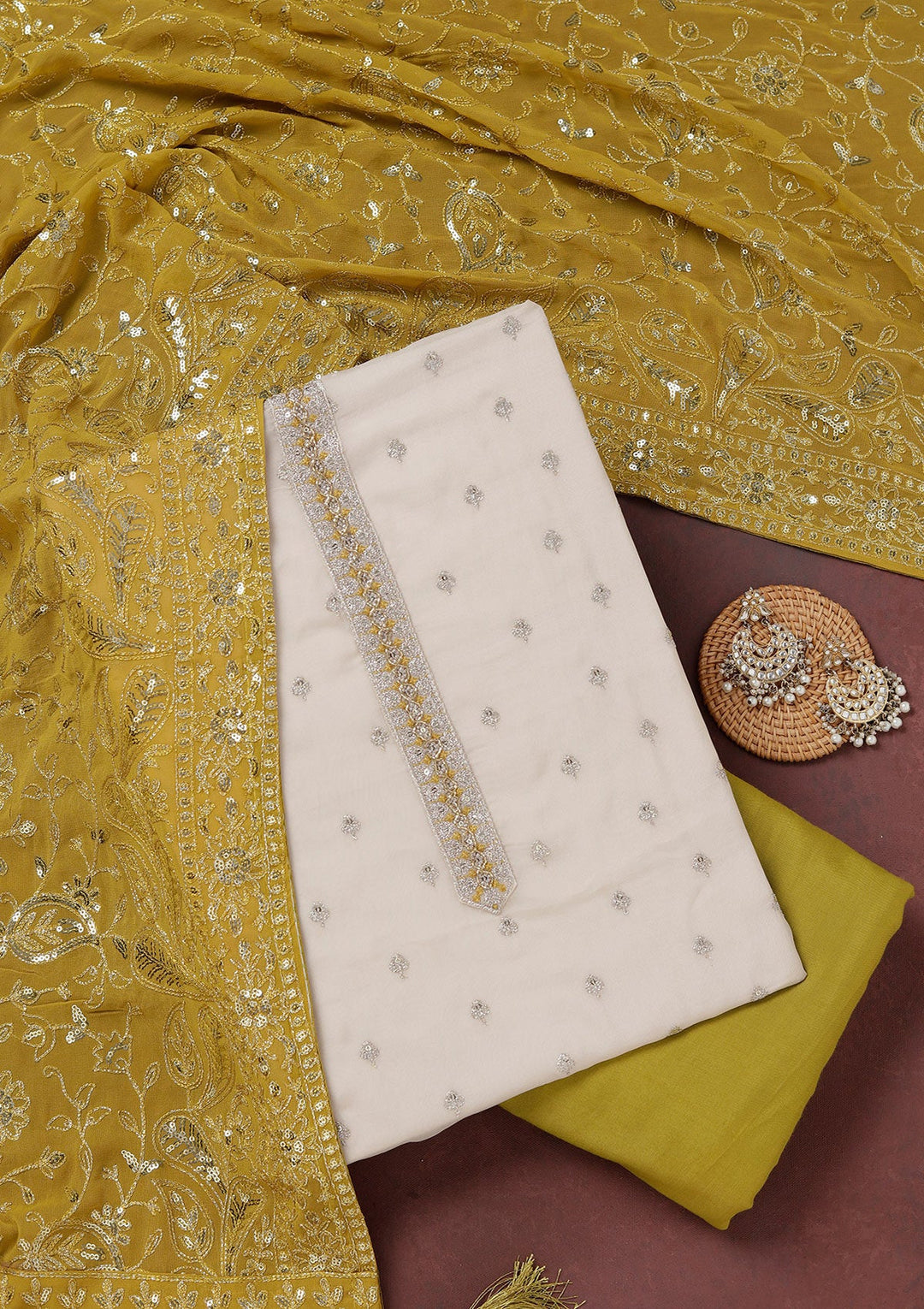 Beige Sequins Organza Unstitched Salwar Suit_koskii