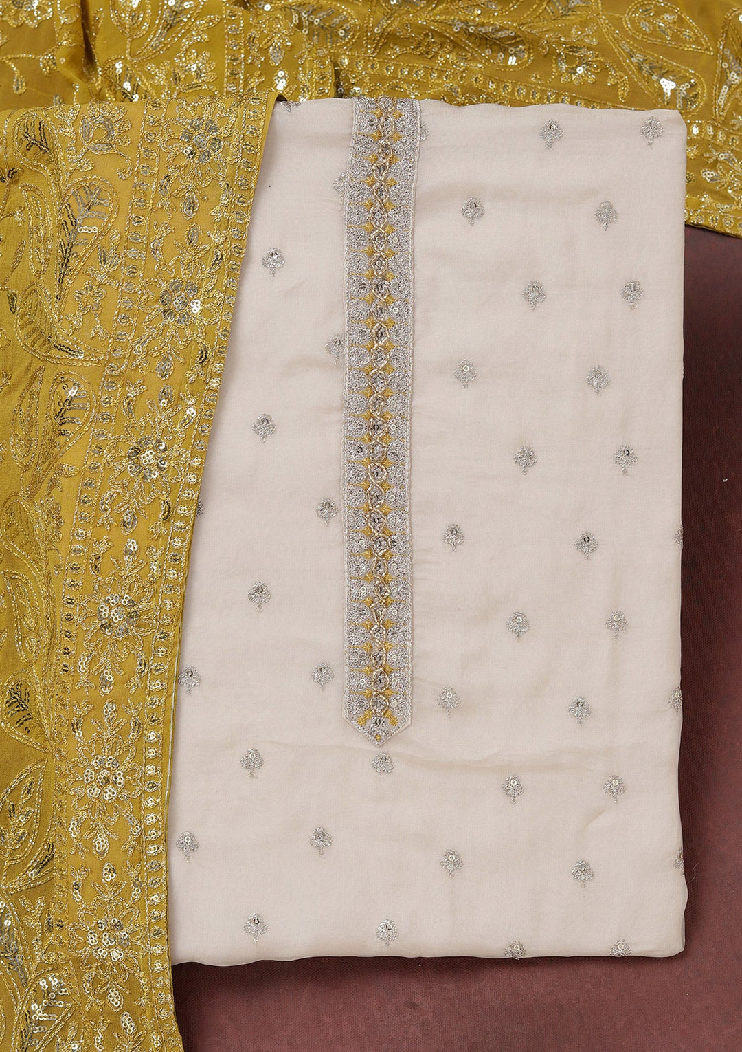 Beige Sequins Organza Unstitched Salwar Suit_koskii