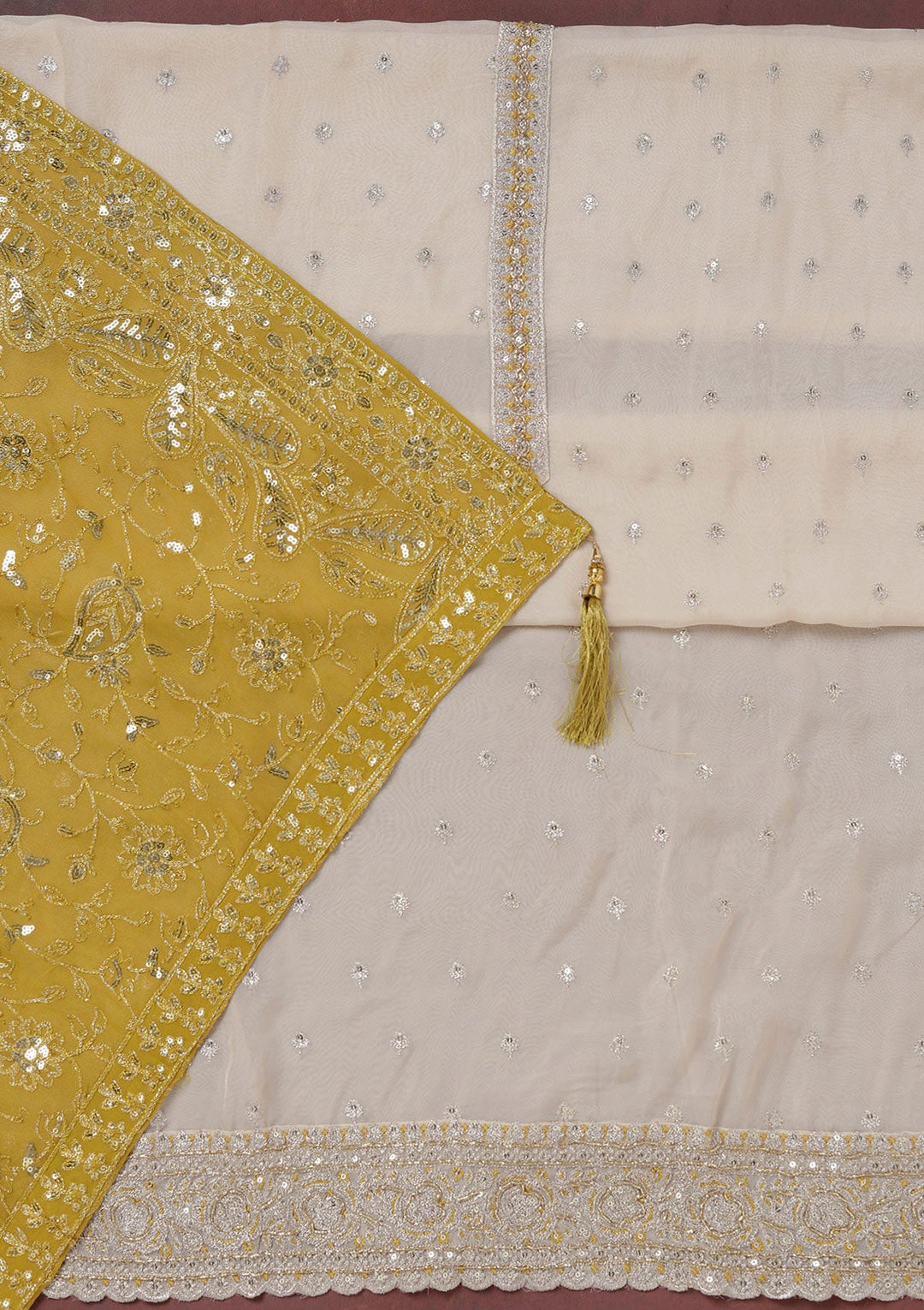 Beige Sequins Organza Unstitched Salwar Suit_koskii