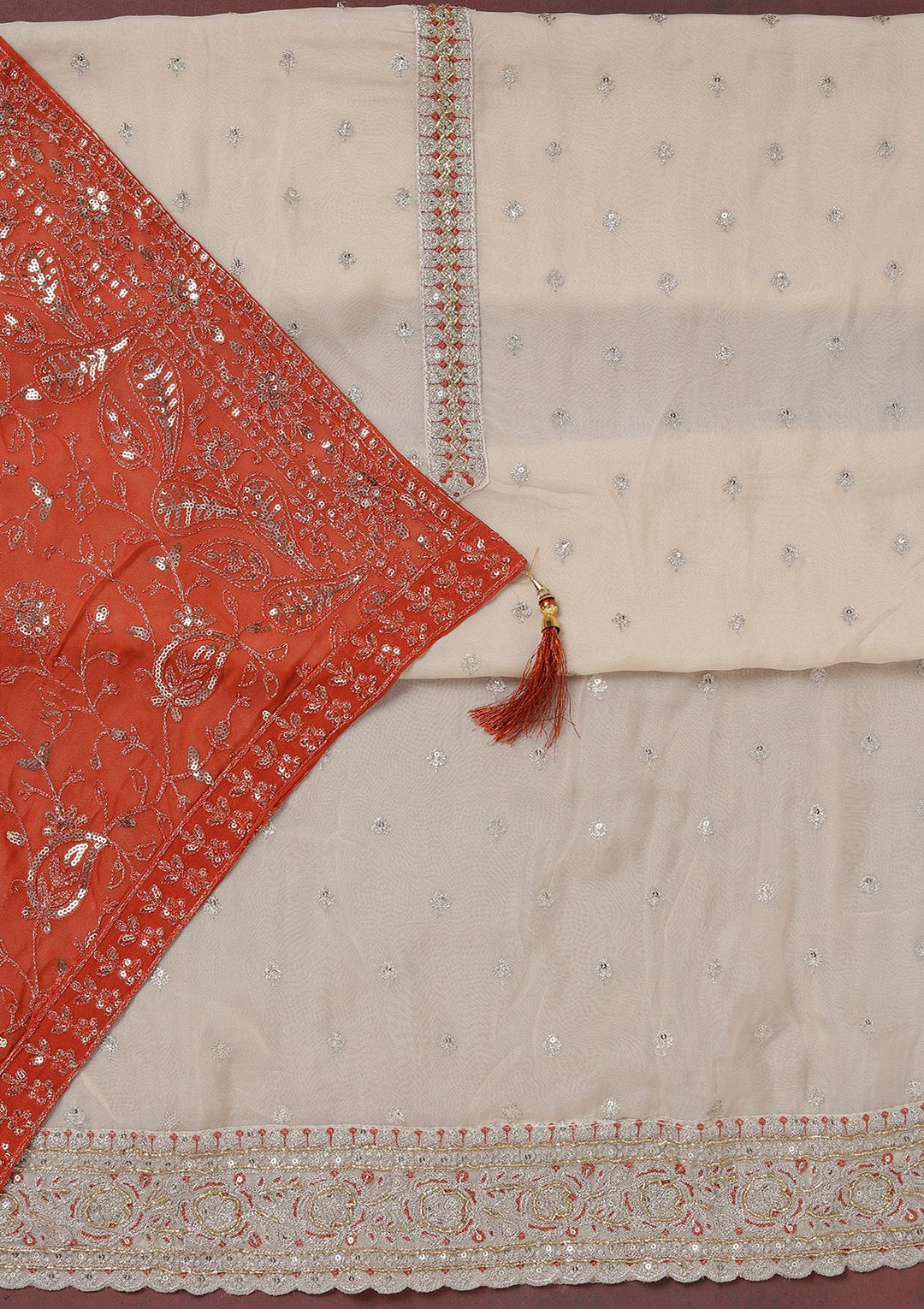 Beige Sequins Organza Unstitched Salwar Suit_koskii