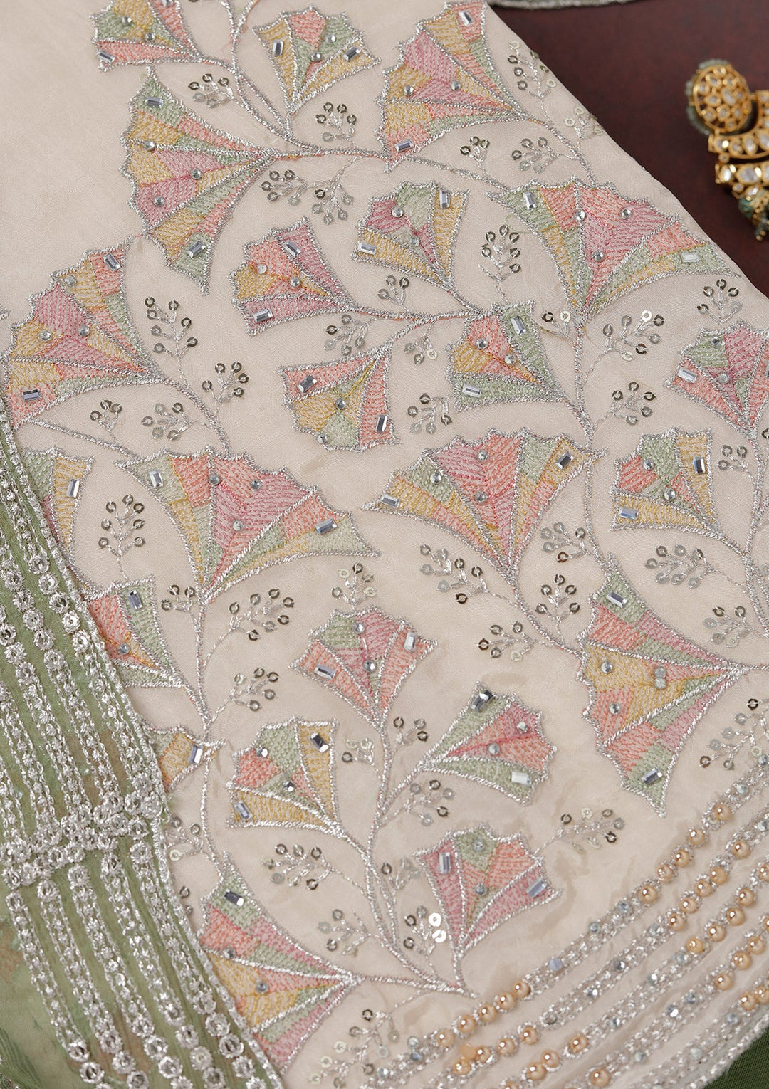 Beige Zariwork (Silver) Organza Unstitched Salwar Suit_koskii