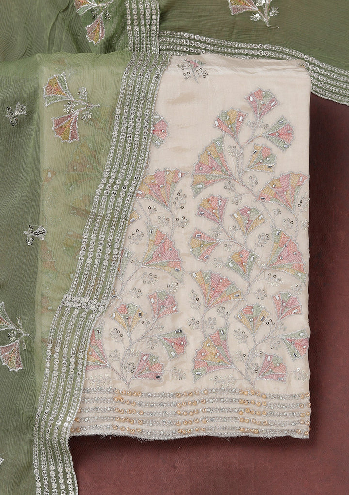 Beige Zariwork (Silver) Organza Unstitched Salwar Suit_koskii