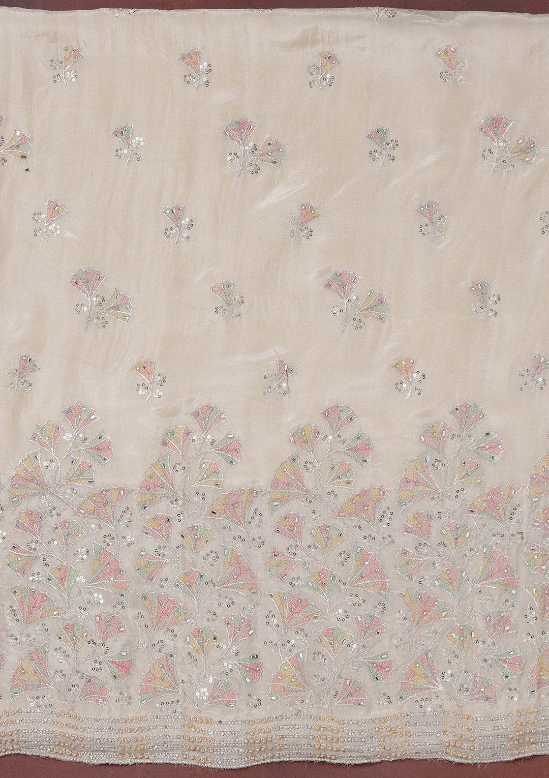 Beige Zariwork (Silver) Organza Unstitched Salwar Suit_koskii