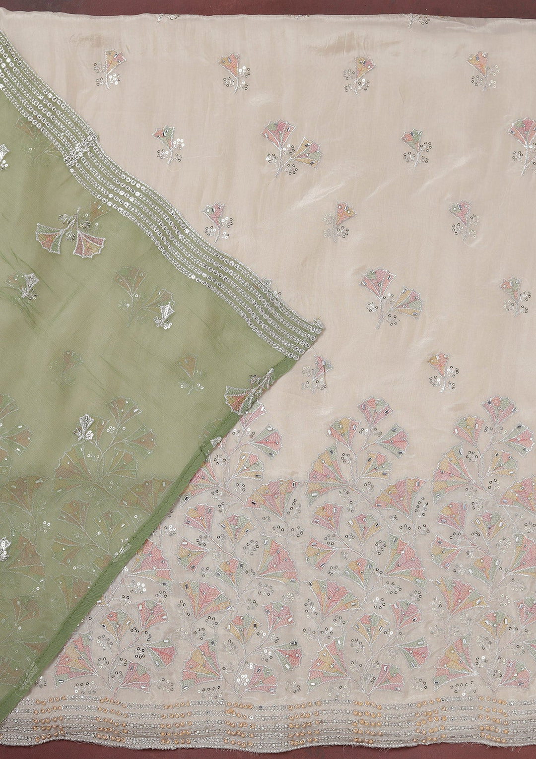 Beige Zariwork (Silver) Organza Unstitched Salwar Suit_koskii