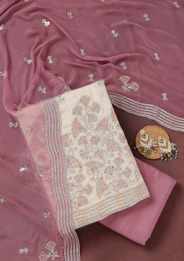 Beige Zariwork (Silver) Organza Unstitched Salwar Suit_koskii