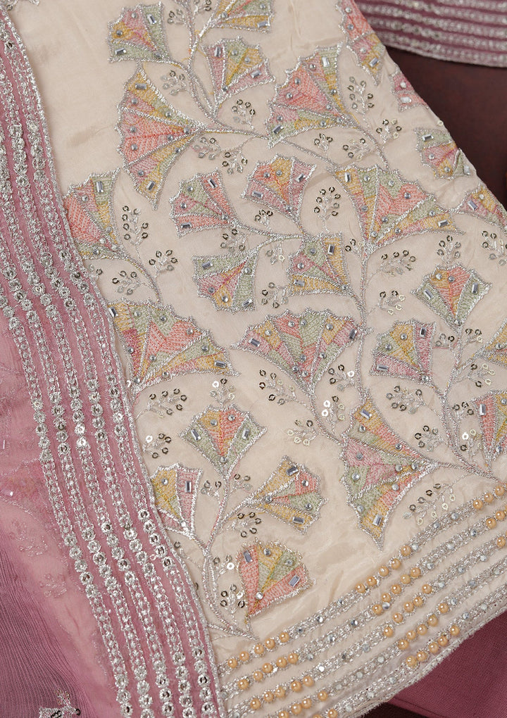 Beige Zariwork (Silver) Organza Unstitched Salwar Suit_koskii