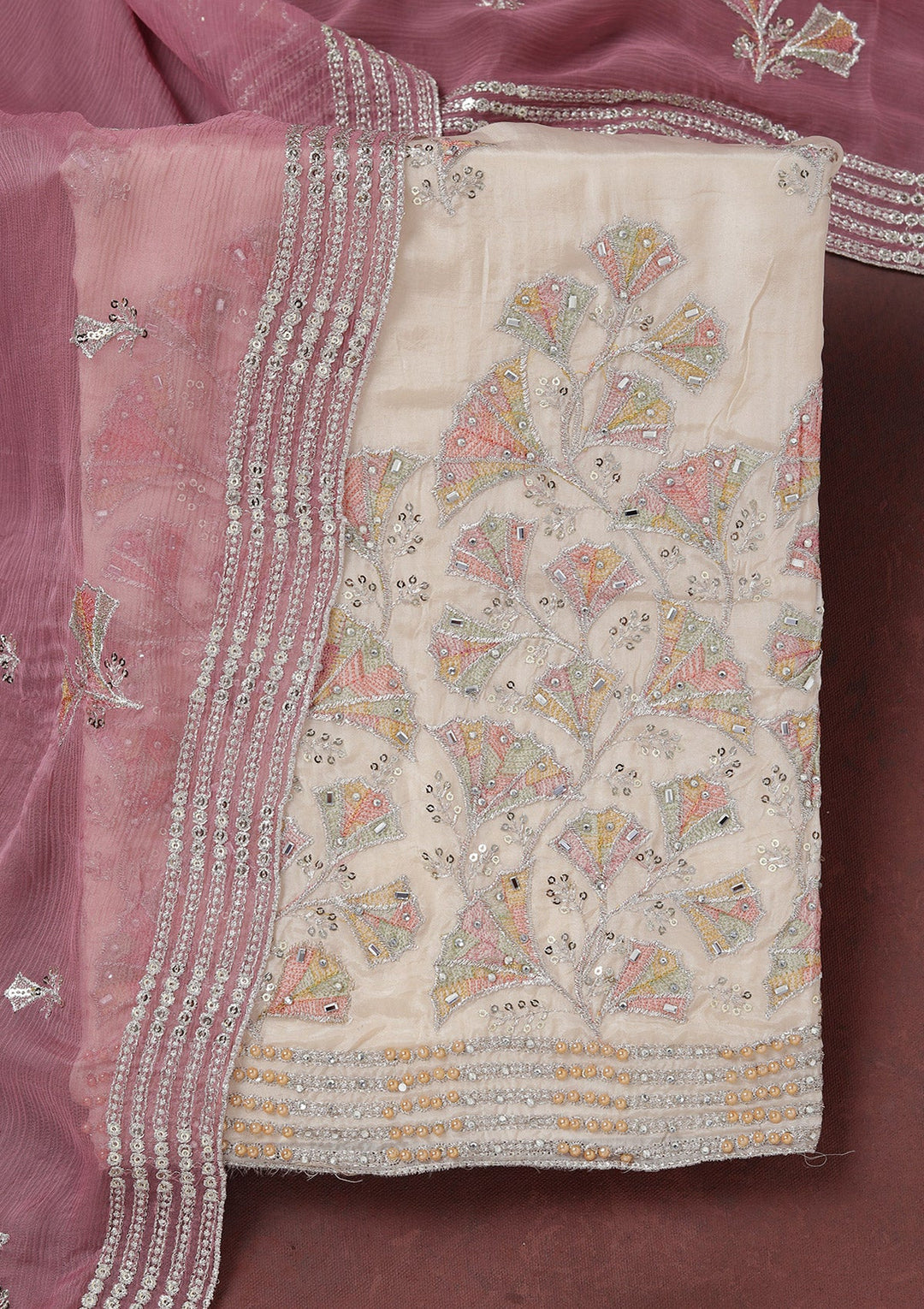 Beige Zariwork (Silver) Organza Unstitched Salwar Suit_koskii