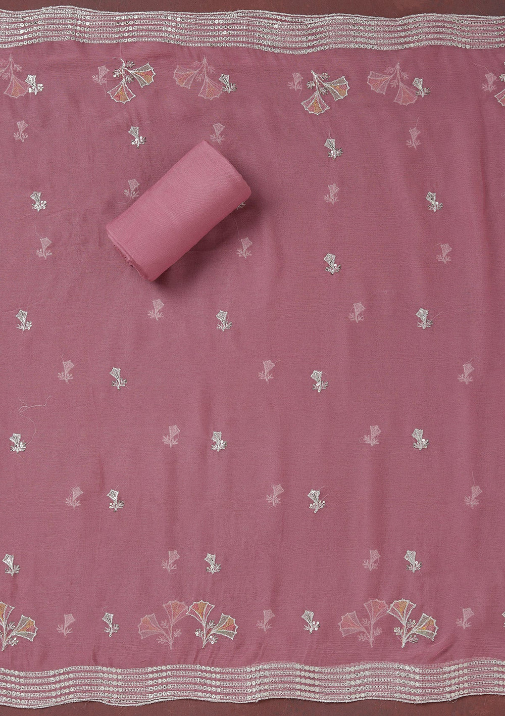 Beige Zariwork (Silver) Organza Unstitched Salwar Suit_koskii