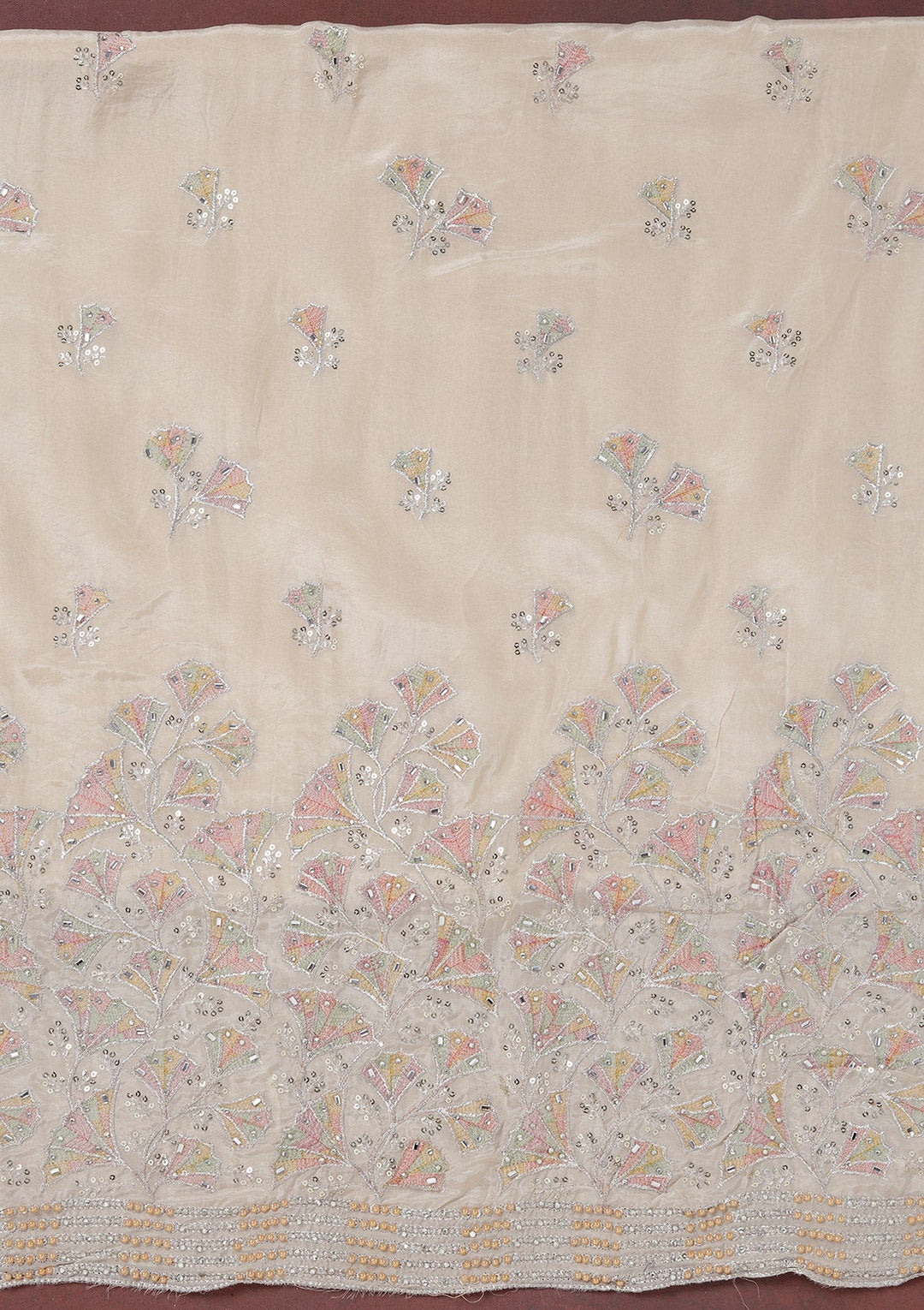 Beige Zariwork (Silver) Organza Unstitched Salwar Suit_koskii