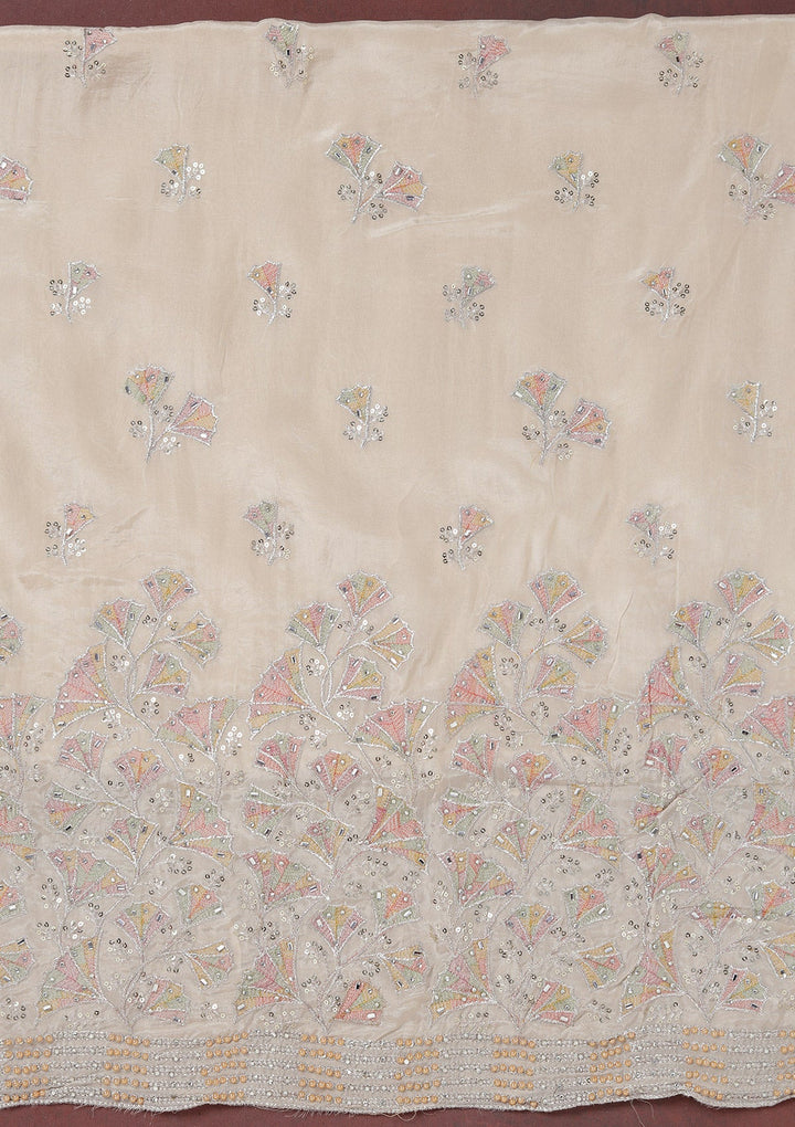 Beige Zariwork (Silver) Organza Unstitched Salwar Suit_koskii