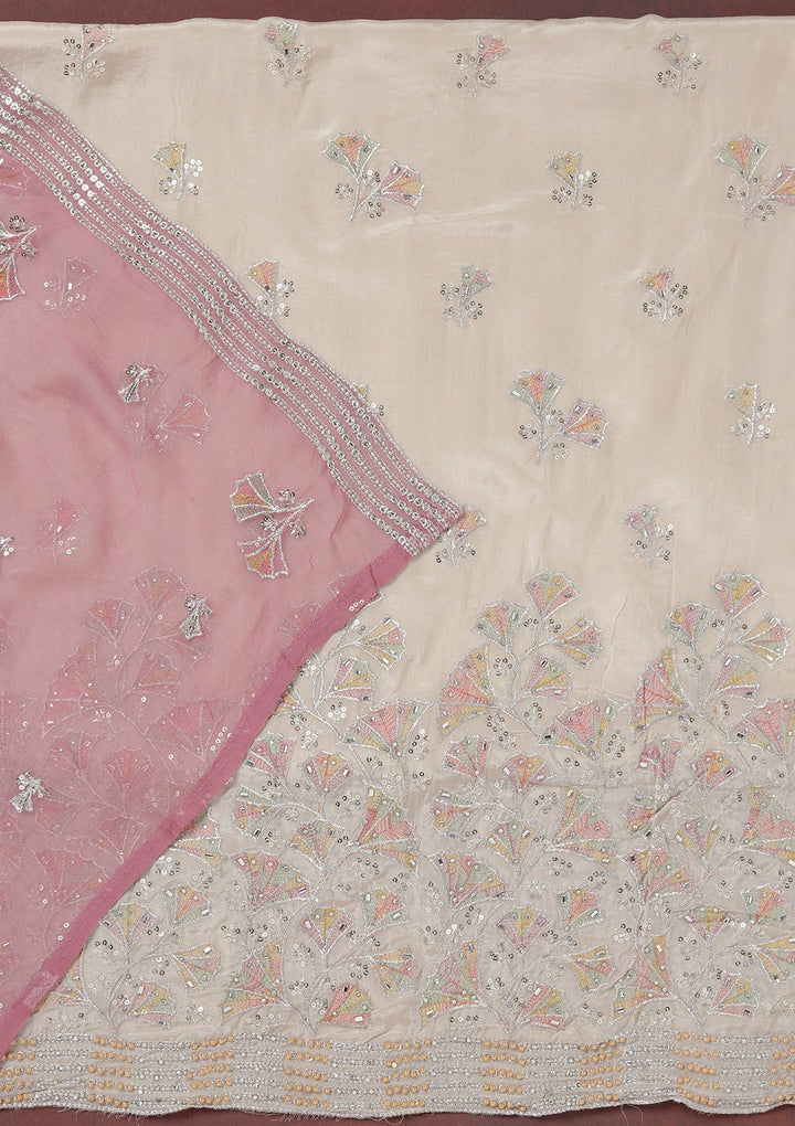 Beige Zariwork (Silver) Organza Unstitched Salwar Suit_koskii