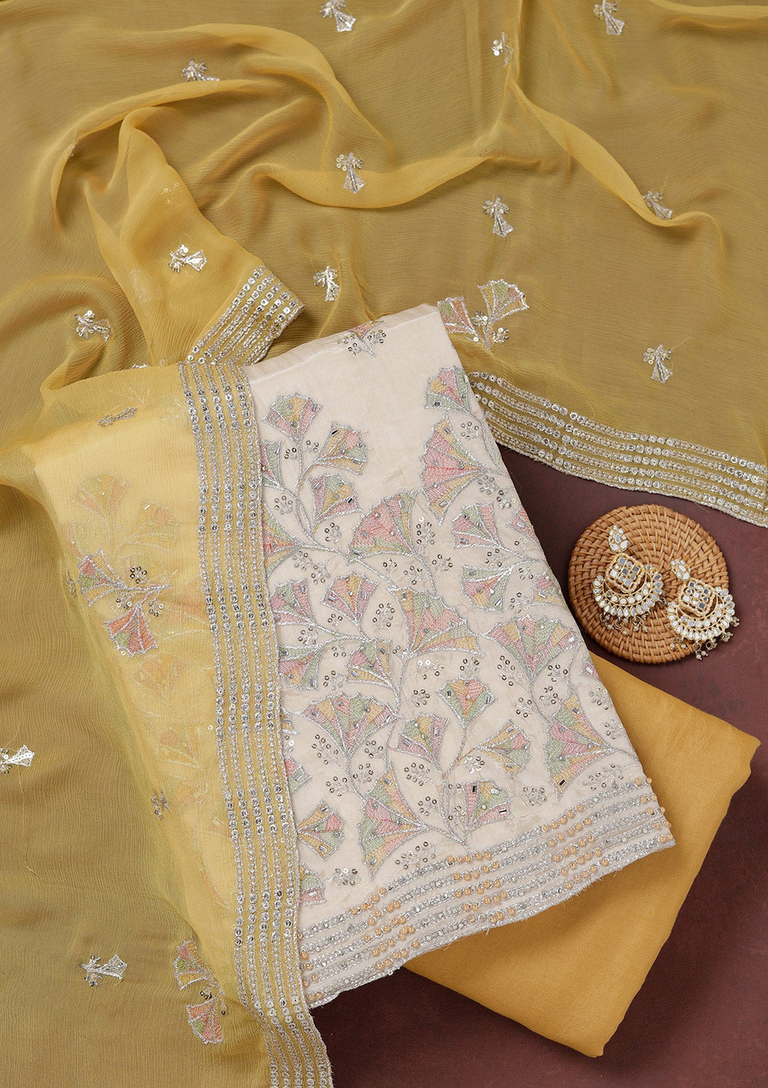 Beige Zariwork (Silver) Organza Unstitched Salwar Suit_koskii