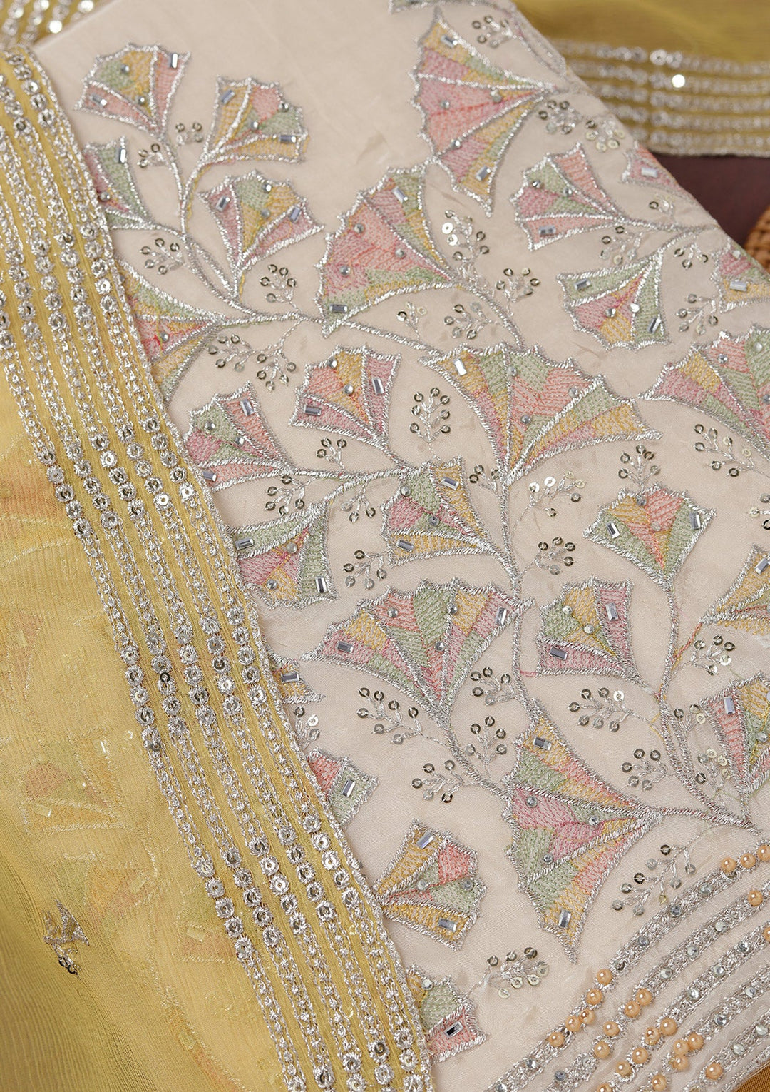 Beige Zariwork (Silver) Organza Unstitched Salwar Suit_koskii