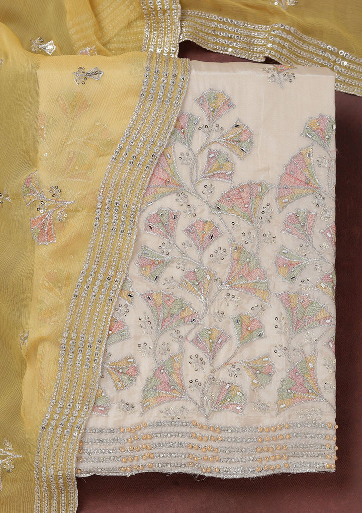 Beige Zariwork (Silver) Organza Unstitched Salwar Suit_koskii
