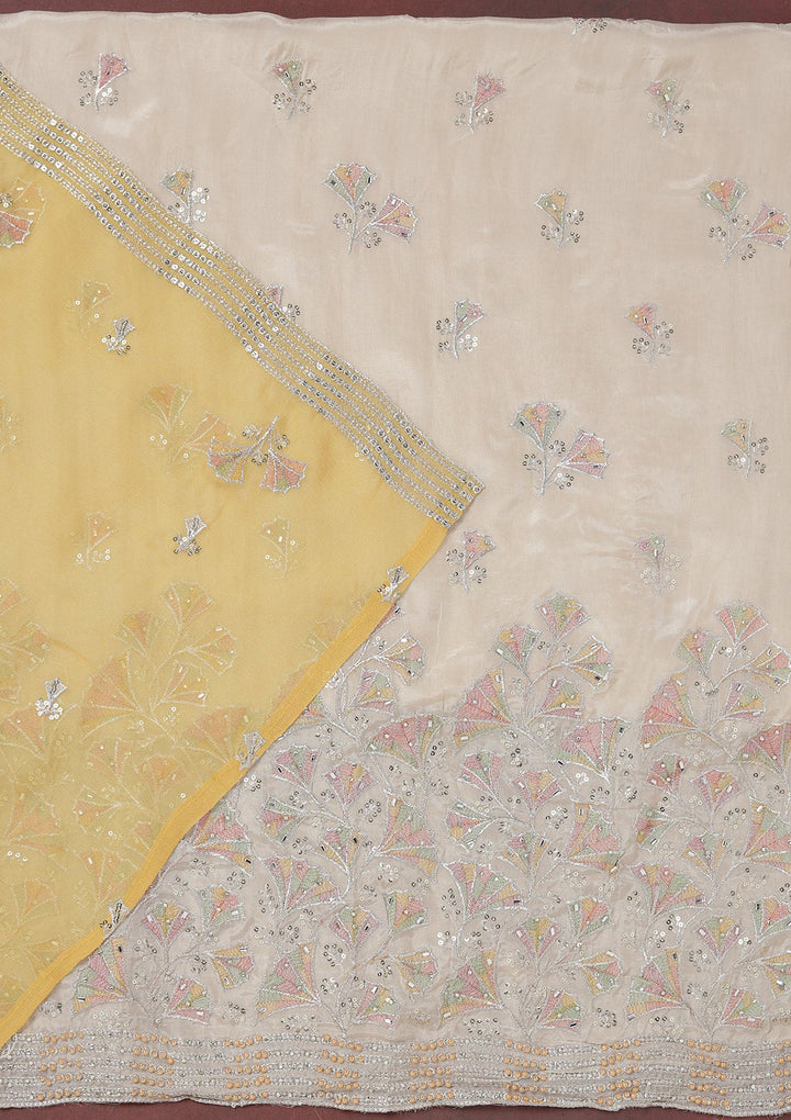 Beige Zariwork (Silver) Organza Unstitched Salwar Suit_koskii