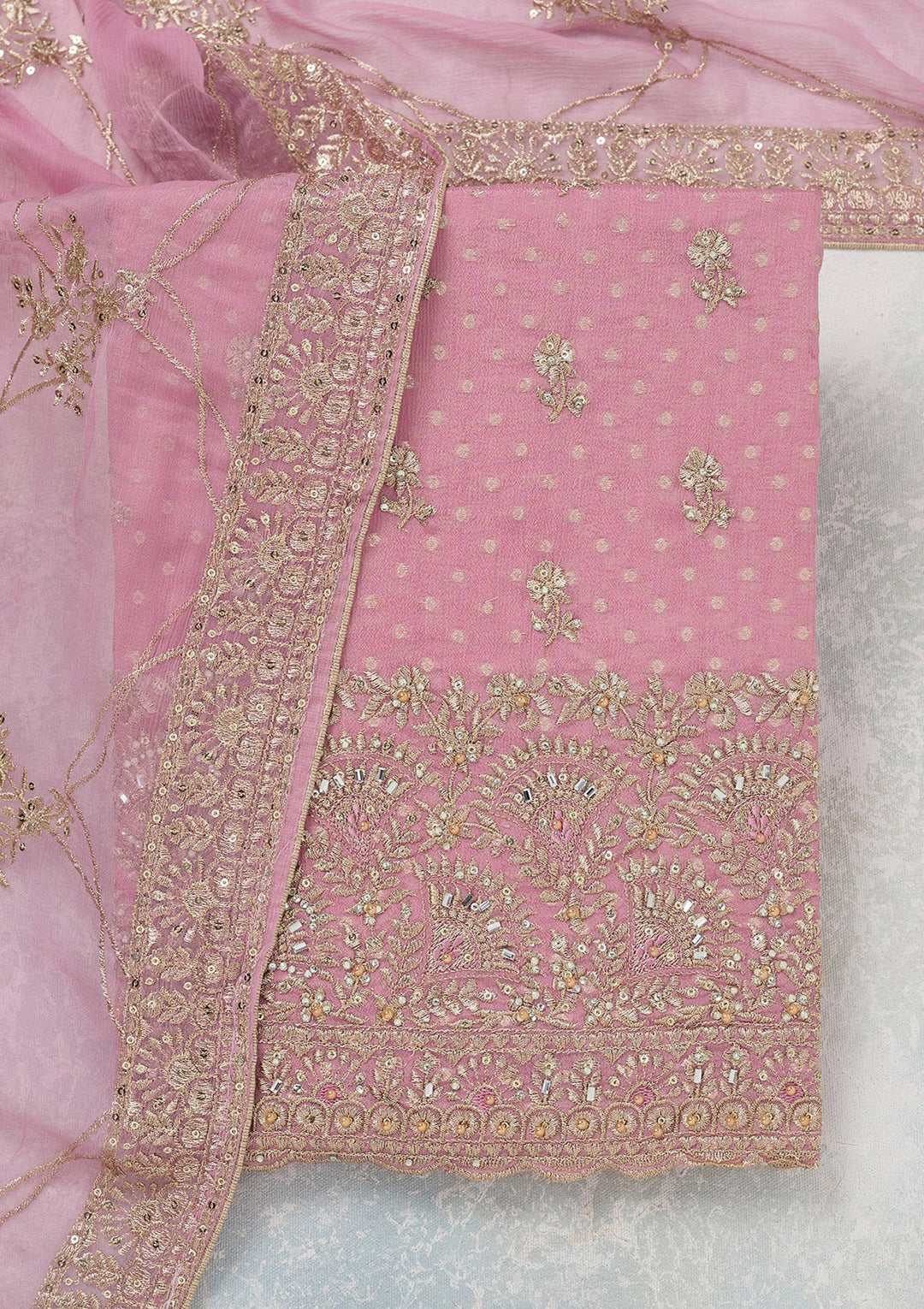 Lavender Zariwork (Gold) Chinon Unstitched Salwar Suit_koskii