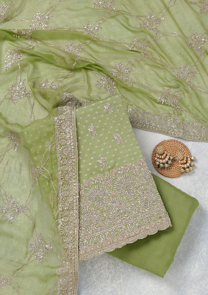 Parrot Green Zariwork (Gold) Chinon Unstitched Salwar Suit_koskii