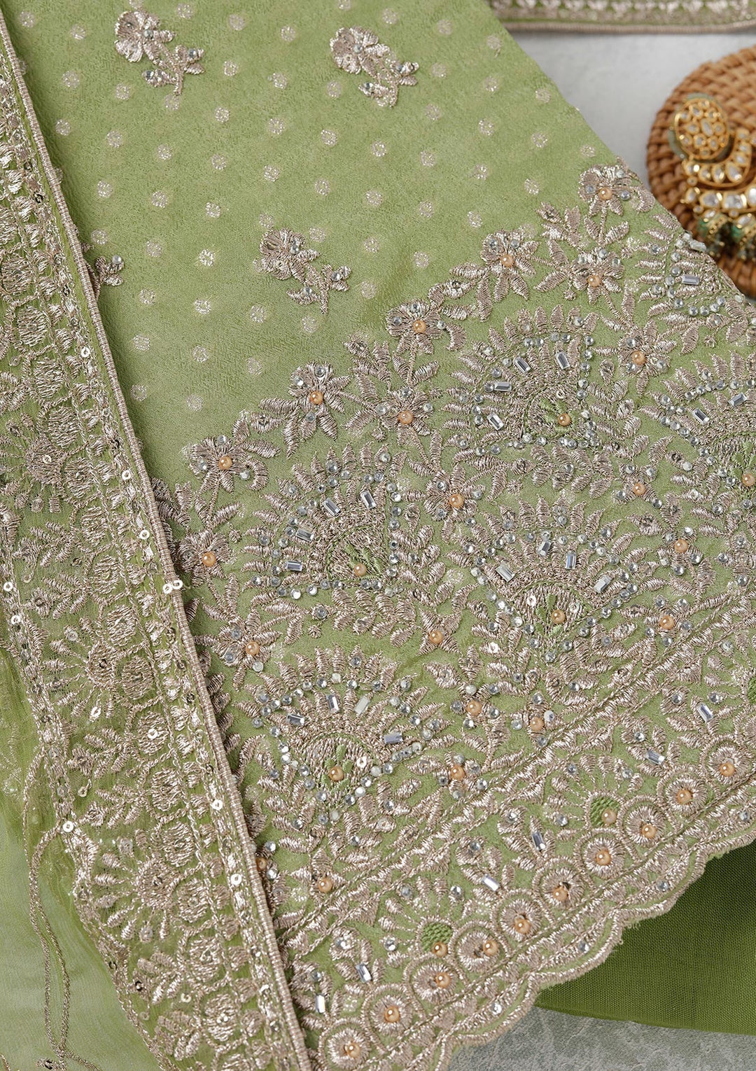 Parrot Green Zariwork (Gold) Chinon Unstitched Salwar Suit_koskii