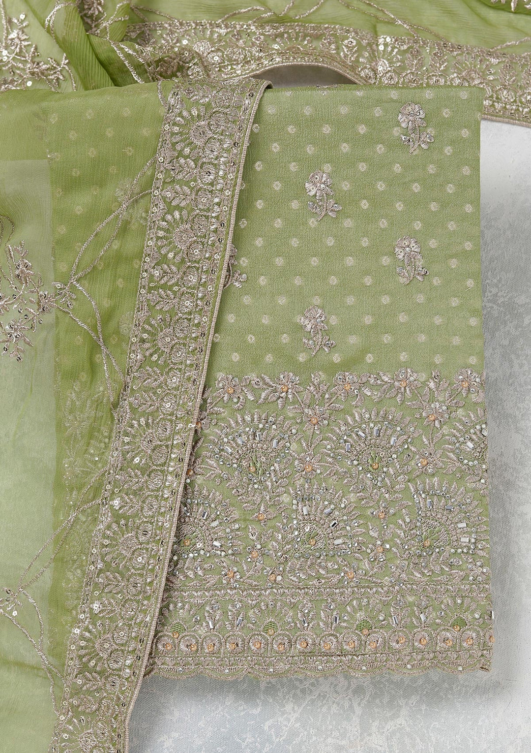 Parrot Green Zariwork (Gold) Chinon Unstitched Salwar Suit_koskii