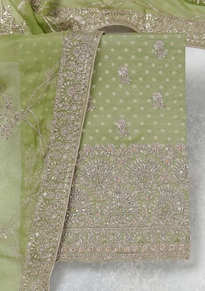 Parrot Green Zariwork (Gold) Chinon Unstitched Salwar Suit_koskii