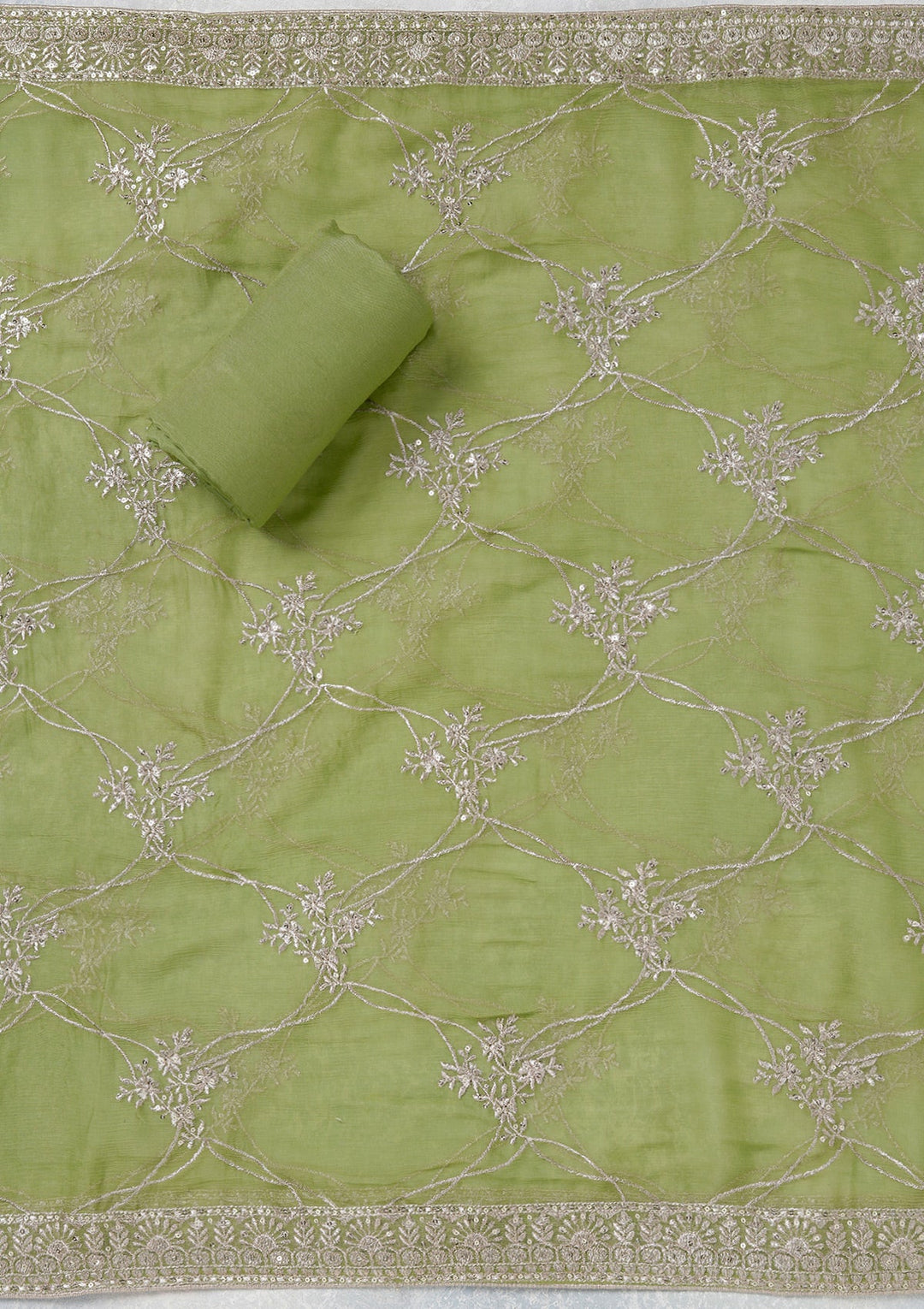 Parrot Green Zariwork (Gold) Chinon Unstitched Salwar Suit_koskii