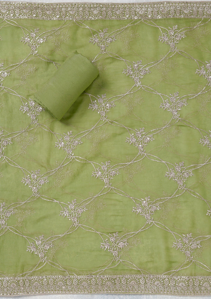 Parrot Green Zariwork (Gold) Chinon Unstitched Salwar Suit_koskii