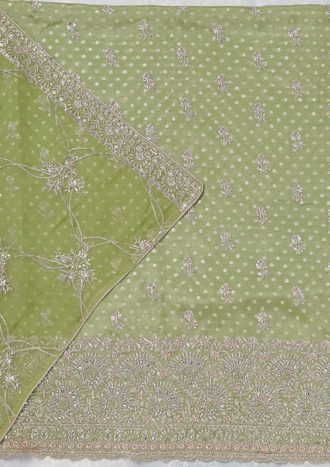 Parrot Green Zariwork (Gold) Chinon Unstitched Salwar Suit_koskii