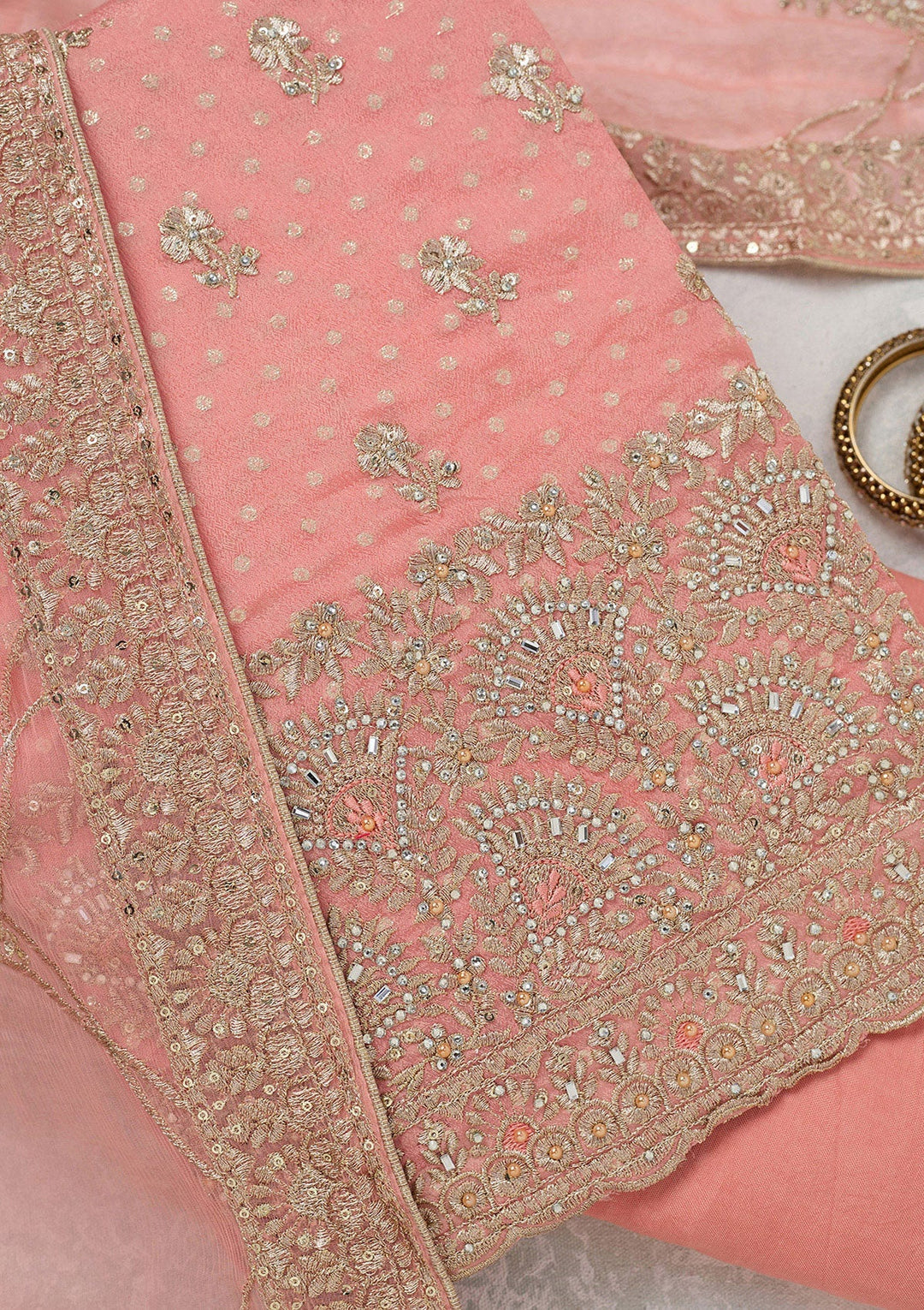 Peach Zariwork (Gold) Chinon Unstitched Salwar Suit_koskii
