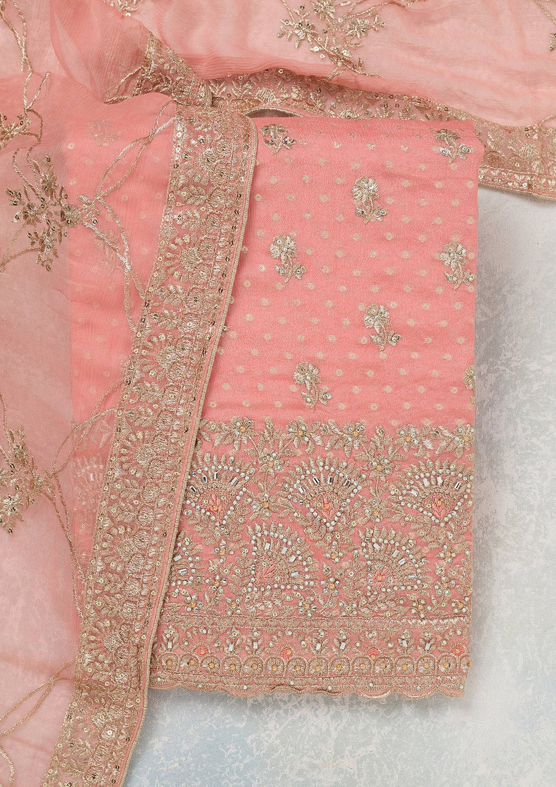 Peach Zariwork (Gold) Chinon Unstitched Salwar Suit_koskii