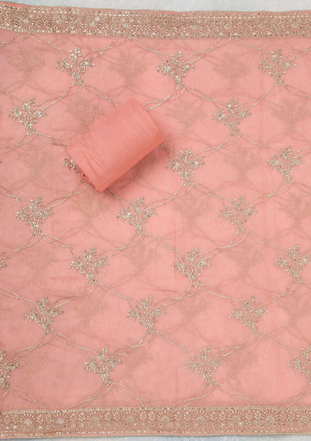 Peach Zariwork (Gold) Chinon Unstitched Salwar Suit_koskii