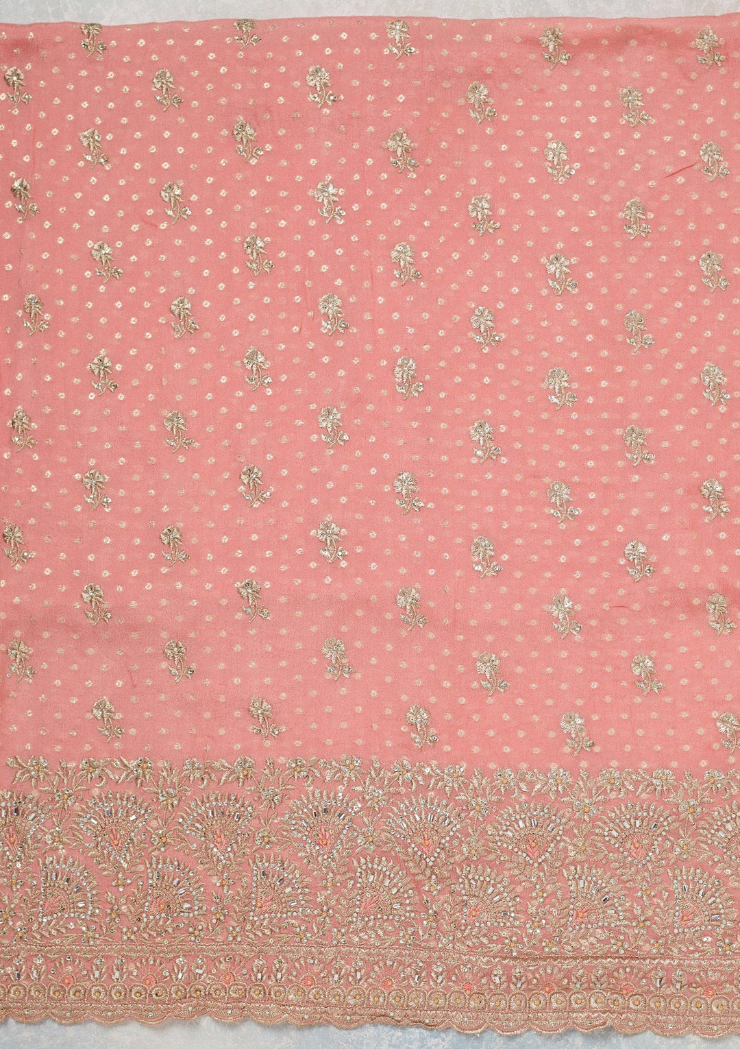 Peach Zariwork (Gold) Chinon Unstitched Salwar Suit_koskii