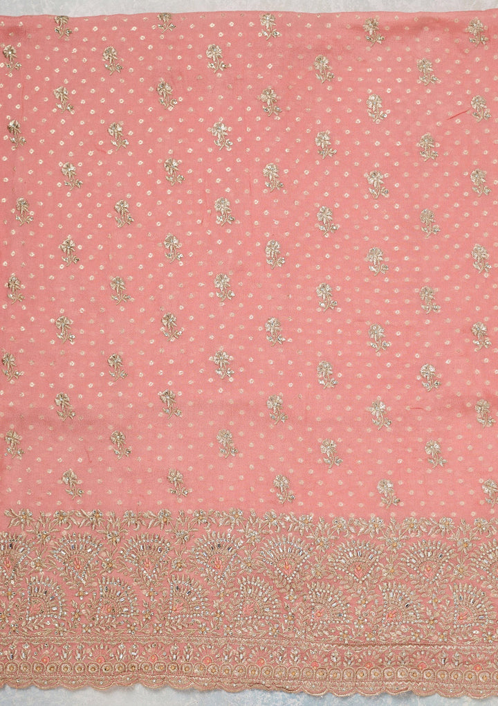 Peach Zariwork (Gold) Chinon Unstitched Salwar Suit_koskii