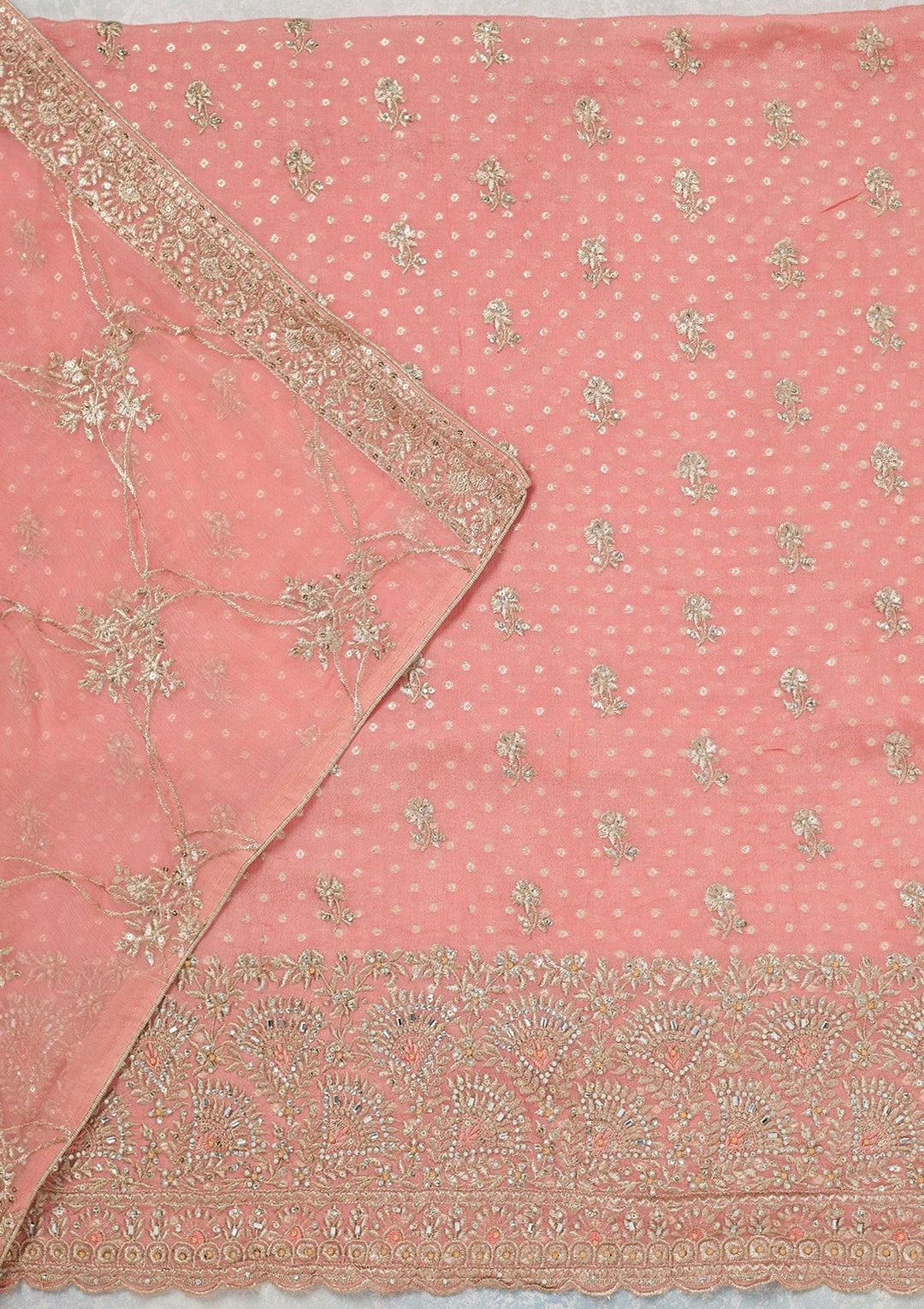 Peach Zariwork (Gold) Chinon Unstitched Salwar Suit_koskii