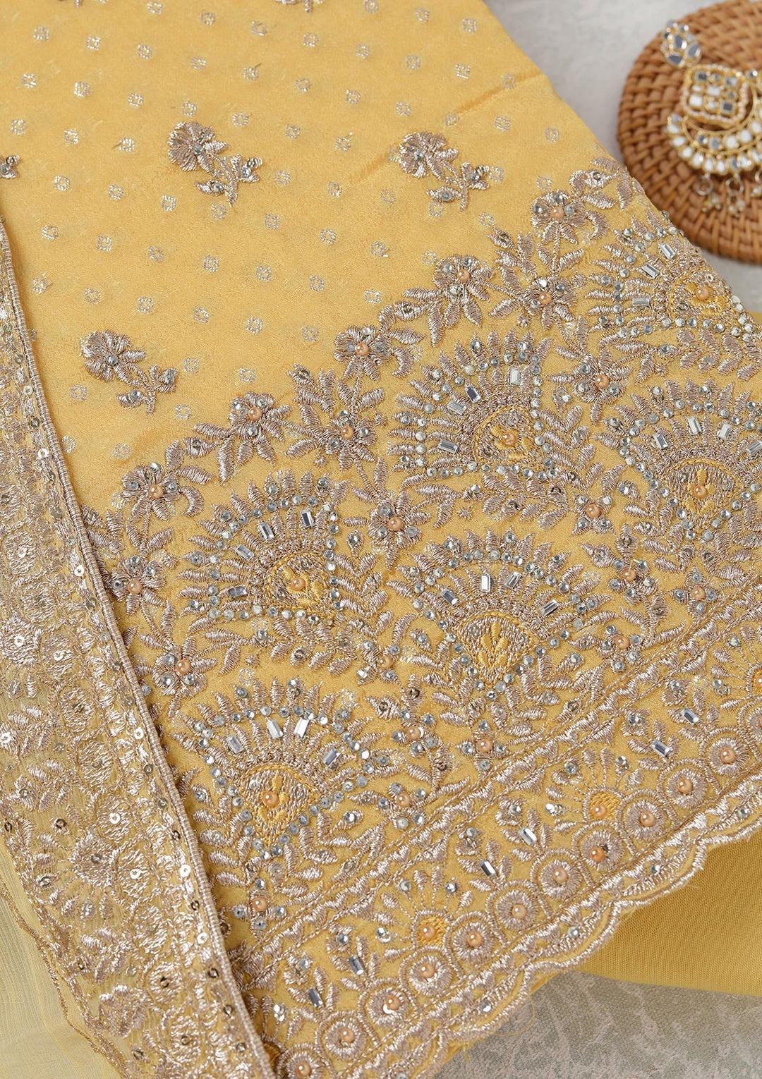 Yellow Zariwork (Gold) Chinon Unstitched Salwar Suit_koskii