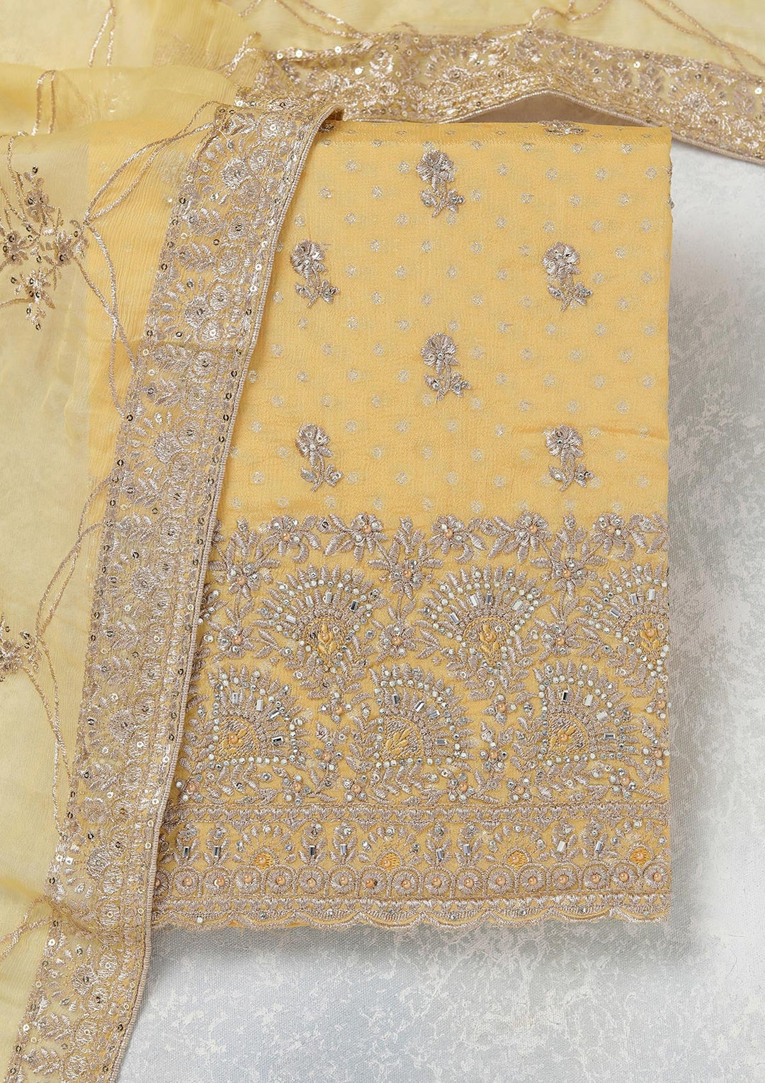 Yellow Zariwork (Gold) Chinon Unstitched Salwar Suit_koskii