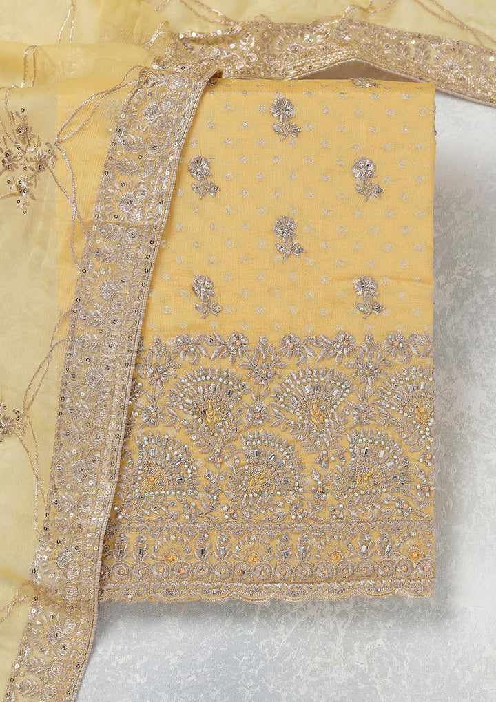 Yellow Zariwork (Gold) Chinon Unstitched Salwar Suit_koskii