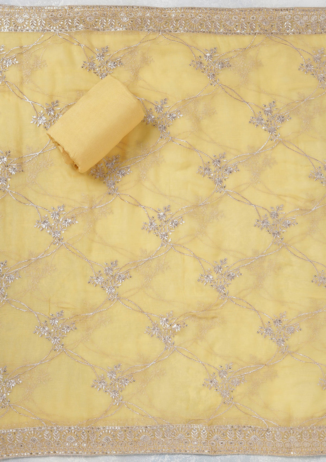 Yellow Zariwork (Gold) Chinon Unstitched Salwar Suit_koskii