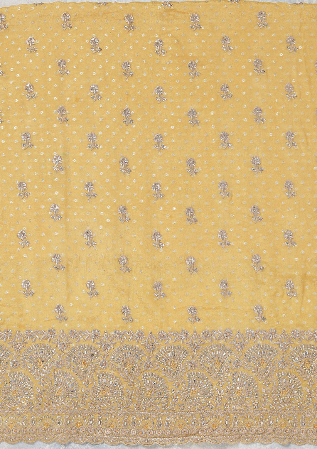 Yellow Zariwork (Gold) Chinon Unstitched Salwar Suit_koskii