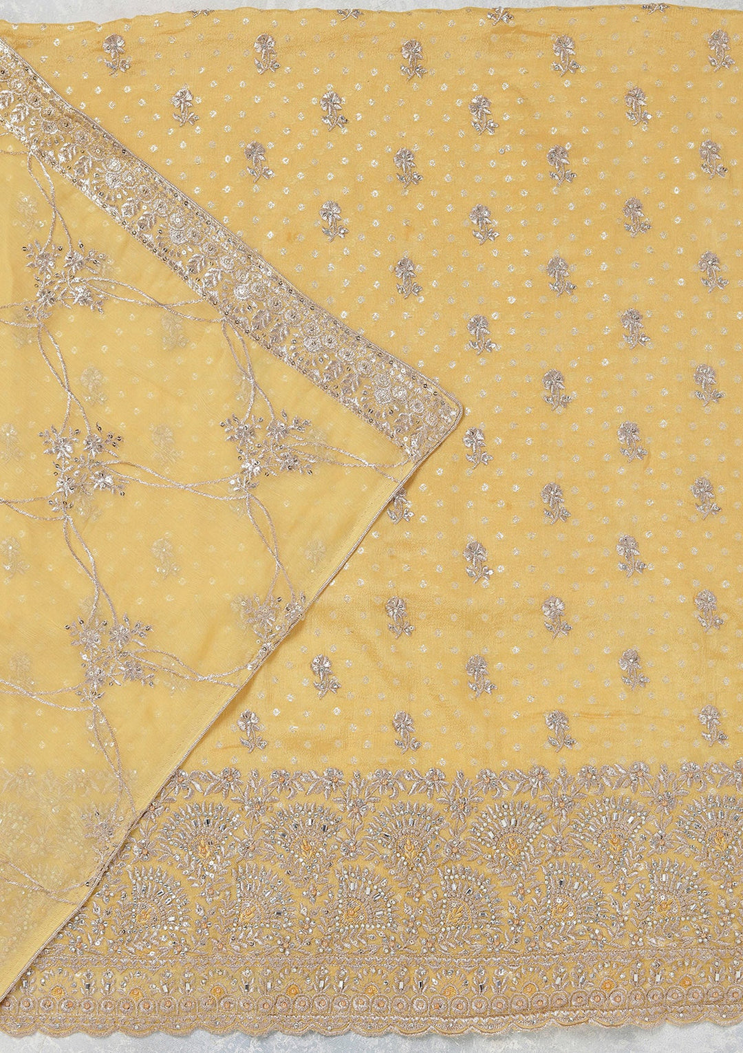 Yellow Zariwork (Gold) Chinon Unstitched Salwar Suit_koskii