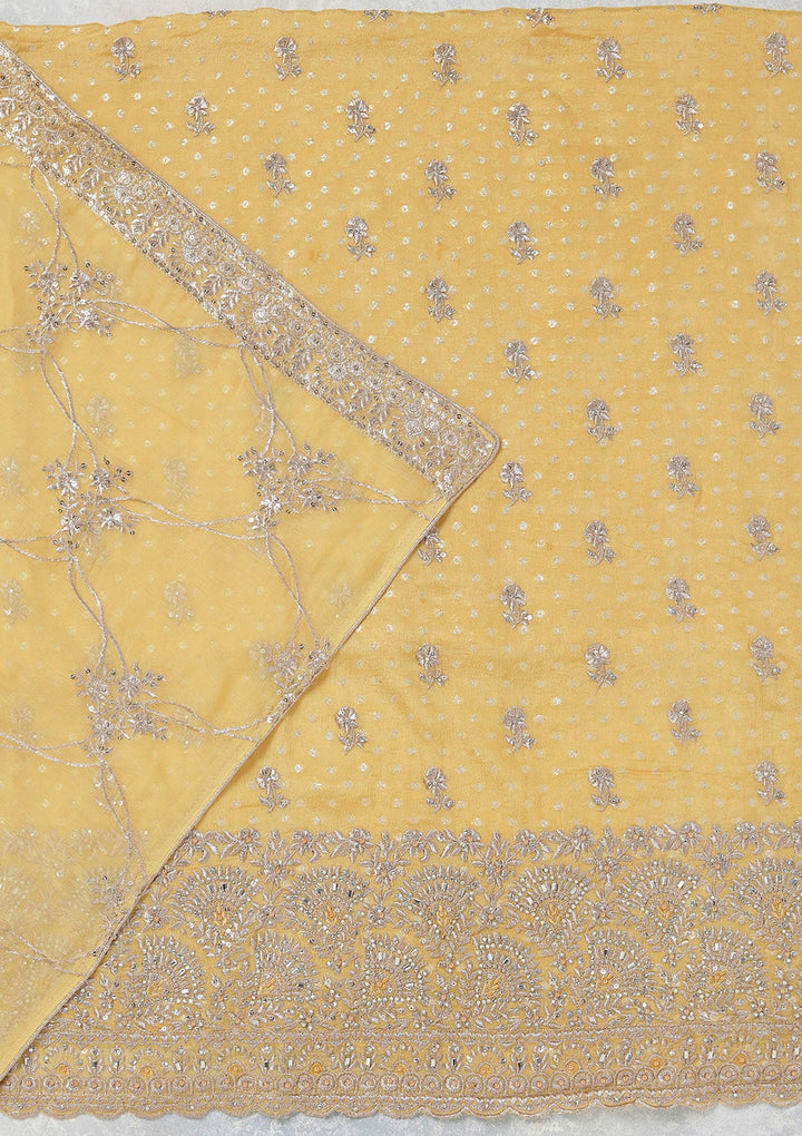 Yellow Zariwork (Gold) Chinon Unstitched Salwar Suit_koskii